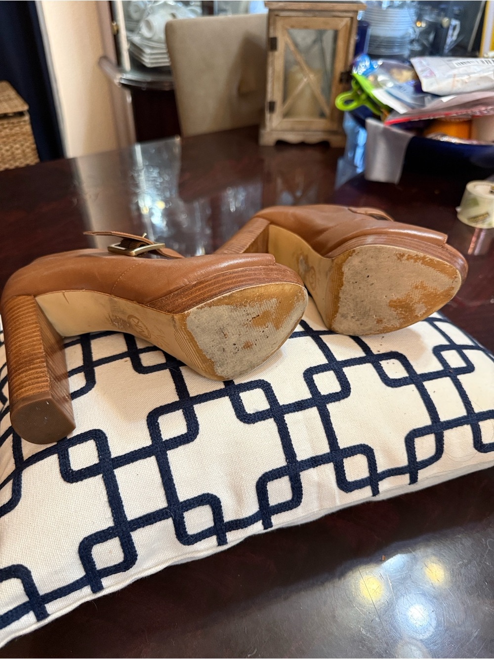 Michael Kors Classic Tan Leather Peep-Toe Platform Heels - Picture 8 of 10